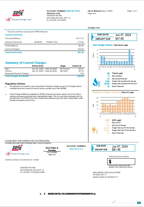 USA California San Diego Gas & Electric (SDG&E) business utility bill template in Word and PDF formats